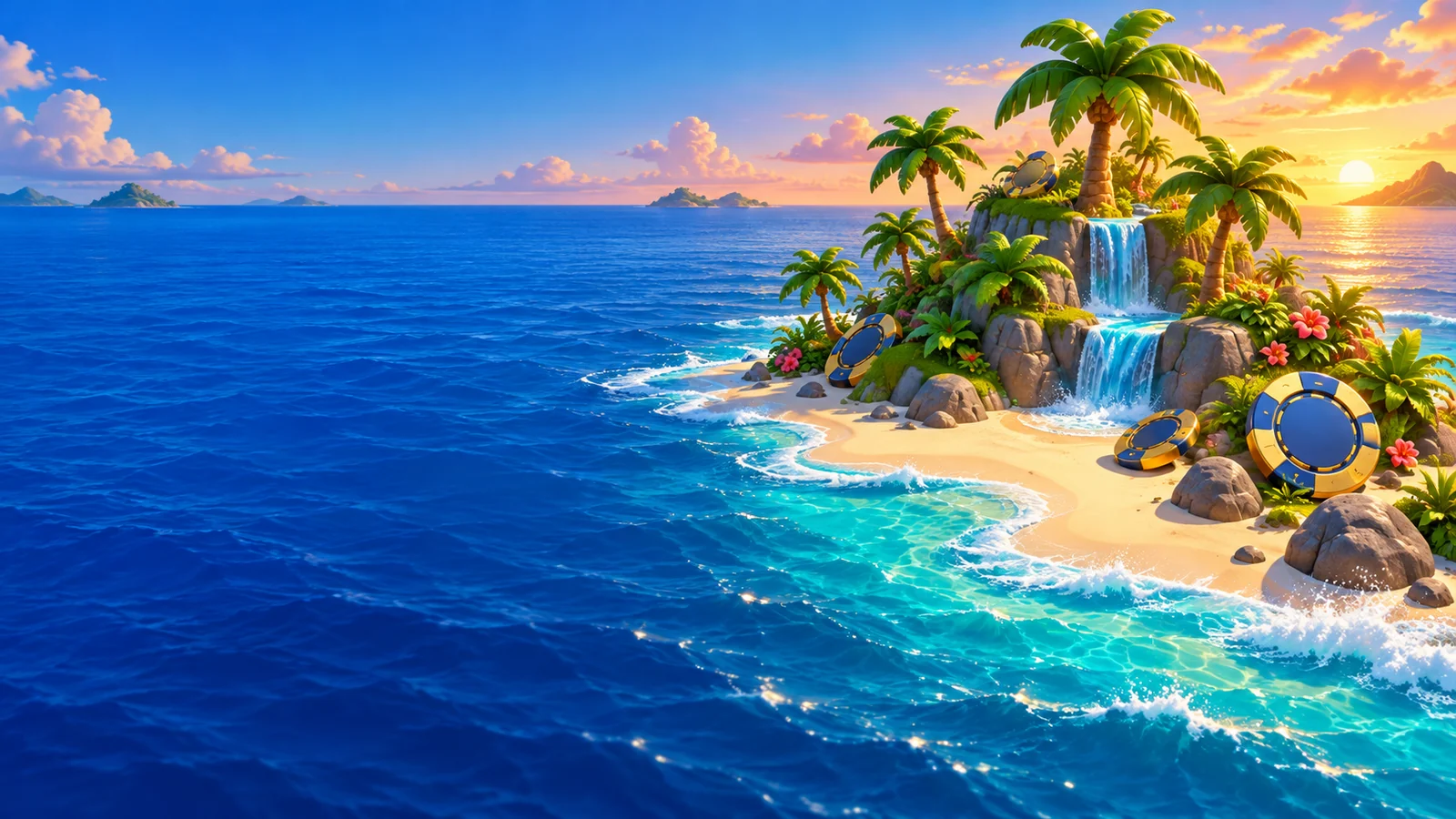A bright cartoon island with golden sand and turquoise waves